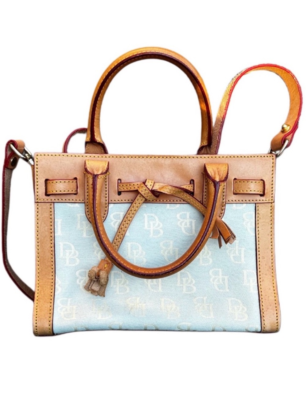 Dooney & Bourke ALTO Light Aqua Blue & Tan Logo Jacquard Satchel tanLeather Trim